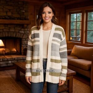 Stitch Fix Fuzzy Cardigan Sweater Green Gray White Striped Open Front Size XS